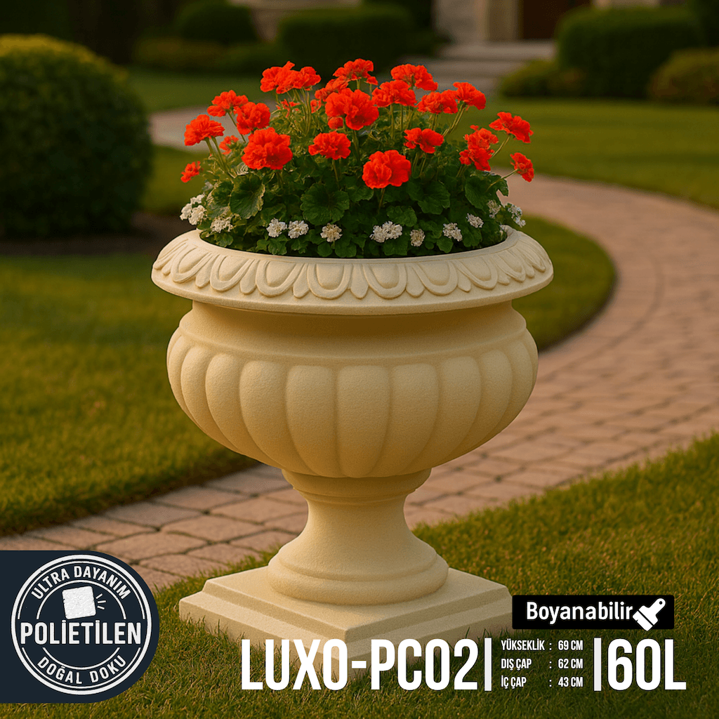 LUXO-PC02 Dış Mekan Saksı | Klasik Ayaklı Villa ve Peyzaj Saksısı (62x69 cm – 60 Litre)